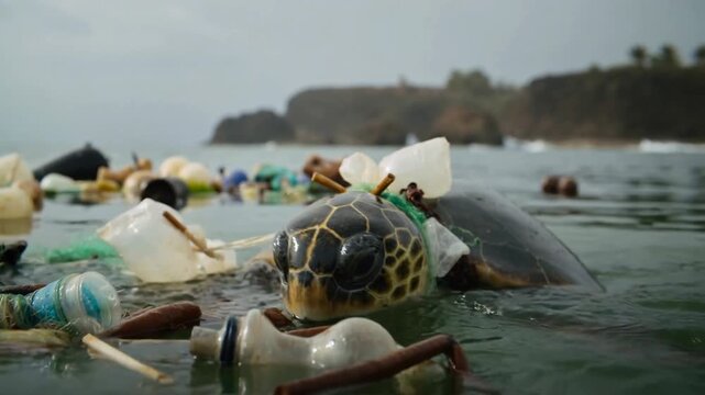 A sea turtle struggling amidst a sea of plastic waste, demonstrating the impact of pollution on marine life