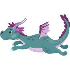 Cute Teal Dragon With Purple Spikes And Wings In Motion Against Transparent Background