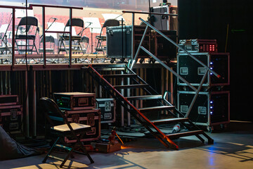 Stage stairs assembled for performers and crew to reach different levels of the concert stage during live events