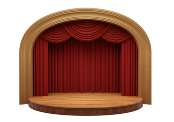 Elegant wooden stage with rich red velvet curtains ready for a performance, perfect for theater, productions, or special events with a touch of drama
