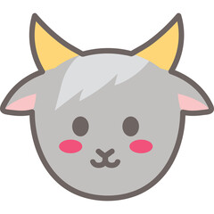 Cute Stylized Goat Face with Yellow Horns and Pink Cheeks Adorable Farm Animal Portrait on Transparent Background