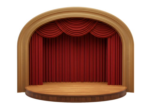 Elegant wooden stage with rich red velvet curtains ready for a performance, perfect for theater, productions, or special events with a touch of drama - Powered by Adobe