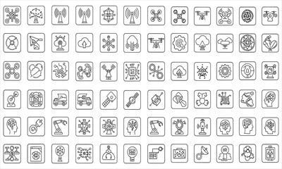 Collection of Line Art Icons Illustrating Technology, Industry, and Modern Innovations in Various Fields
