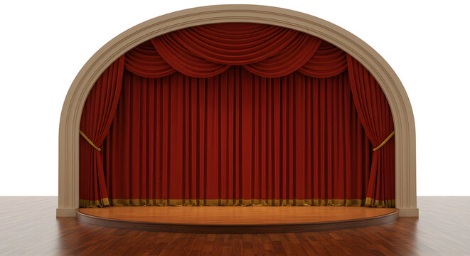 Elegant theater stage with luxurious red velvet curtains beckons performers and audiences alike, promising captivating drama and unforgettable entertainment