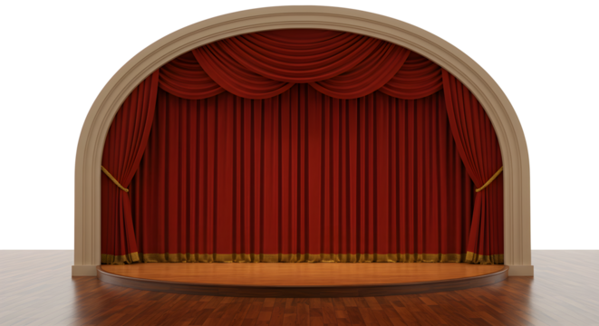 Elegant theater stage with luxurious red velvet curtains beckons performers and audiences alike, promising captivating drama and unforgettable entertainment
