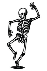 Black and white illustration of a happy dancing human skeleton.
