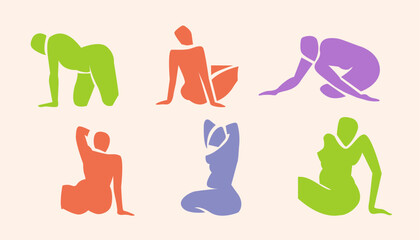 Woman contemporary abstract figures silhouette, hand drawn cut out feminine form different poses. Flat collage mid-century style, applique unique design, female shape poster, decorative art. Isolated.