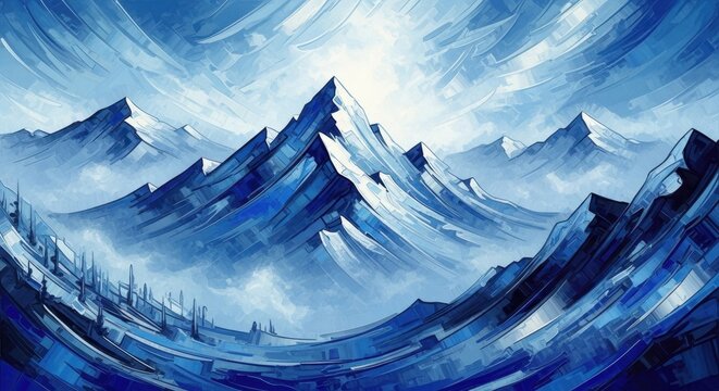 Serene vista of snow-capped mountains rendered in a vibrant abstract blue palette creating an