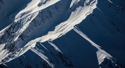 Abstract alpine landscape featuring snow-covered mountain ridges and deep shadows creating a stark