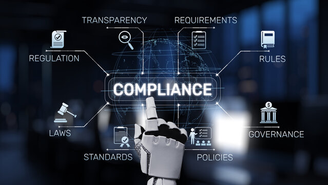 Futuristic Robot Hand Pointing at Compliance Icons and Terms in a Modern Office Environment Focused on Regulation, Transparency, and Governance Synapse.