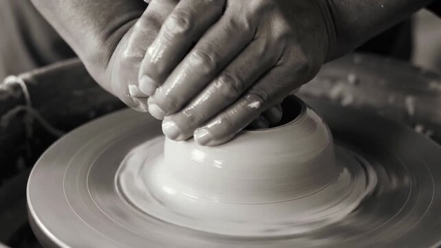 Close-up of hands shaping wet clay on a pottery wheel, showcasing craftsmanship and dedication