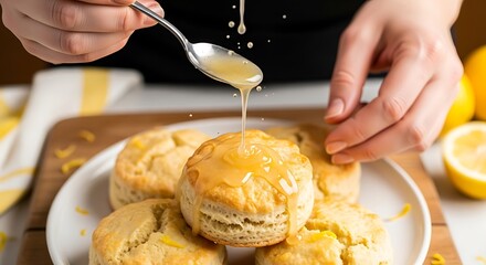 Golden drizzle delight: Close-up of biscuits getting a sweet lemon glaze topping, showcasing a tasty homemade treat