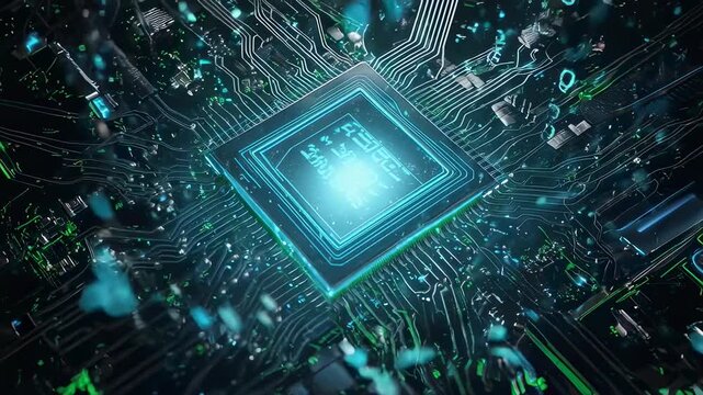 Futuristic Tech Circuit Board with Glowing Microchip for Innovation and AI Concepts