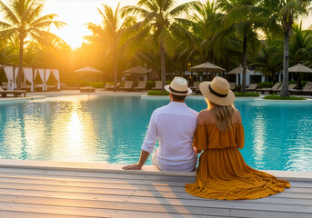 Couple Enjoying Romantic Sunset by Tropical Poolside