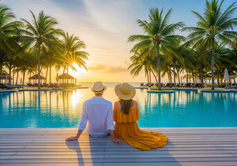 Couple Enjoying Romantic Sunset by Tropical Poolside
