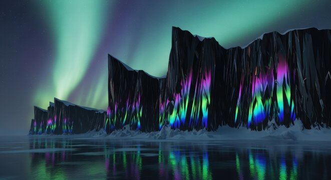 Spectacular aurora borealis dancing over jagged, crystalline mountain range reflected in icy waters