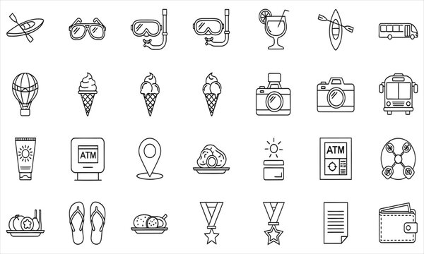 Set of travel and summer vacation icons for destinations and activities - Powered by Adobe