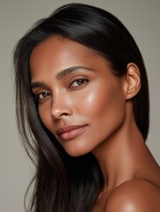 Fototapeta premium Closeup beauty portrait of confident woman with radiant brown skin and long dark hair in soft light