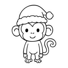 Dibujo sencillo con líneas de pequeño mono simpático con sombrero de Santa Claus para tarjetas y felicitaciones de Navidad
