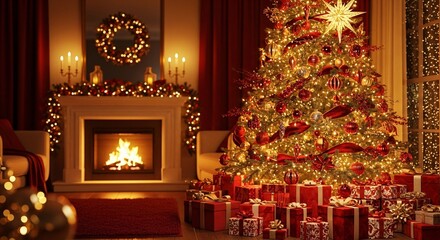 A festive and traditional Christmas living room scene featuring a beautifully decorated tree, glowing fireplace, and a pile of presents