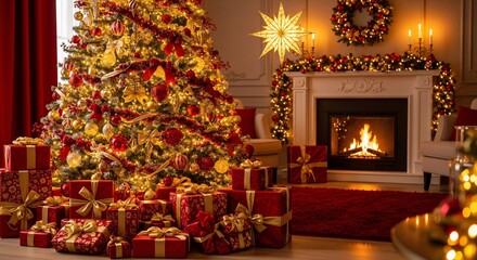 Festive living room interior with a decorated Christmas tree, wrapped gifts, and a warm fireplace creating a cozy holiday season atmosphere