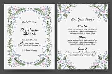 Christmas dinner invitation with branches, ribbon bow, winter floral frame. Minimalist vintage line art style perfect for invitation, card, greetings, menu or cover.