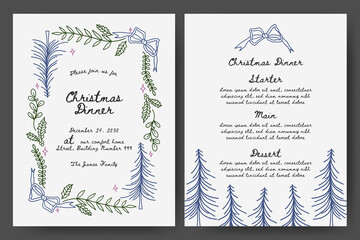 Christmas dinner invitation with branches, ribbon bow, winter floral frame. Minimalist vintage line art style perfect for invitation, card, greetings, menu or cover.