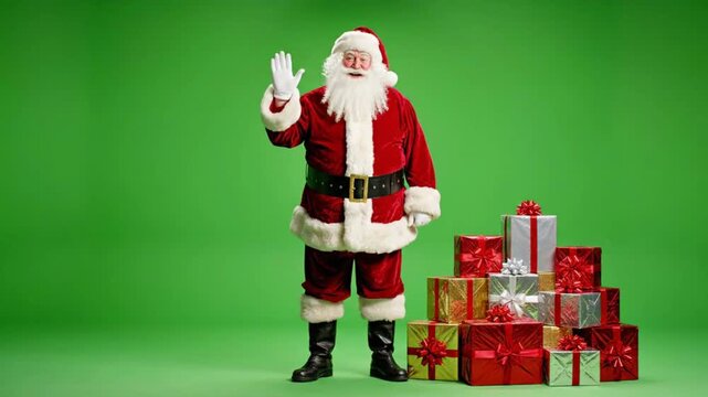Santa claus standing next to a stack of christmas presents on a green screen background studio shot