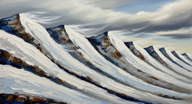 Abstract snowy peaks against serene skies, a textured mountain range portrayal of nature's sublime