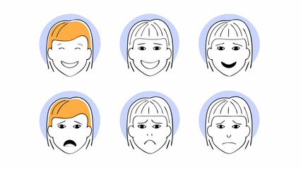 Illustration showing six different facial expressions of a woman with varying emotional states shown clearly