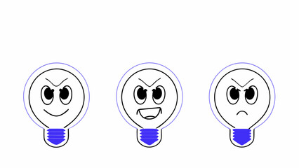Three cartoon lightbulbs with different angry facial expressions in a row on a white background