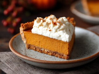 Vegan pumpkin pie with whipped coconut cream, warm natural light, festive comfort dessert