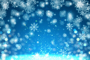 Christmas background with bokeh lights and snowflakes. Festive wallpaper or greeting card