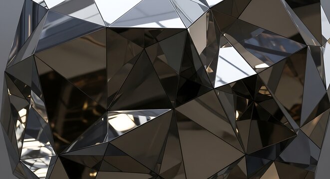 Reflecting facets form abstract geometric sphere in dark grey tone