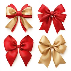 Four decorative satin bows in red and gold are displayed on a white background.