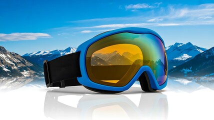 Ski goggles on snowy mountain landscape with reflective winter sports gear