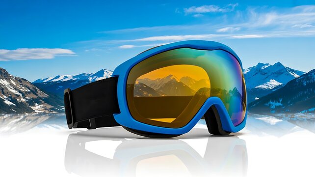Ski goggles on snowy mountain landscape with reflective winter sports gear
