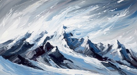Captivating impressionistic painting of majestic snow-capped mountains beneath a dramatic sky