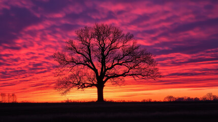 A solitary tree stands silhouetted against a sky ablaze with color