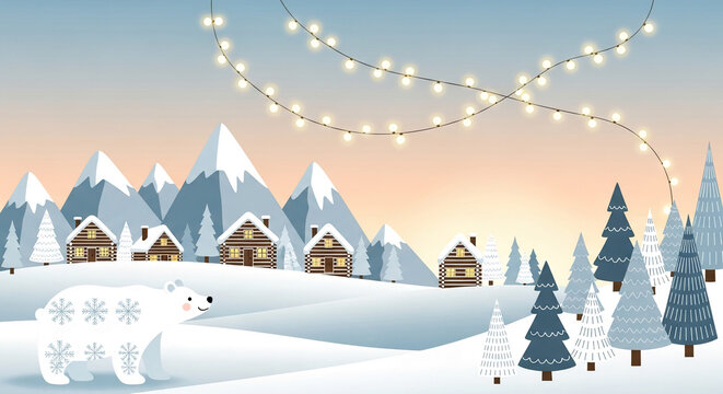 Cartoon illustration shows a snowy winter landscape with mountains, houses, trees, and polar bear with snowflakes, representing festive holiday season