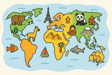 Obraz premium Illustration of the world map with landmarks and animals