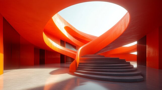 Vibrant orange-red, curvilinear, sculptural staircase spiraling up to a ceiling light well in a 3d modern architectural space. Use for design, architecture, and abstract blogs/sites.