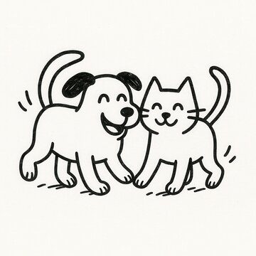 Happy cartoon dog and cat in monochrome with smiles