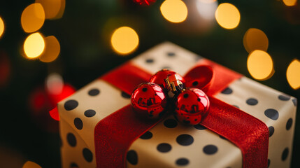 Close-up of Christmas gift box with red ribbon and jingle bells against festive lights