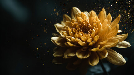Close-up of blooming yellow chrysanthemum flower with pollen in dark background