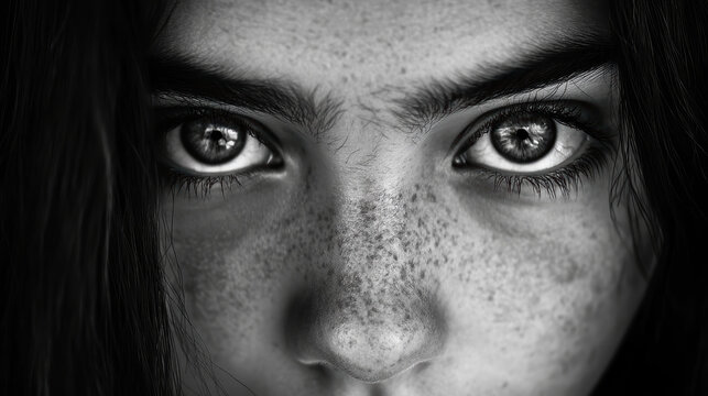 Close-up of young Caucasian woman with freckles and intense gaze in black and white