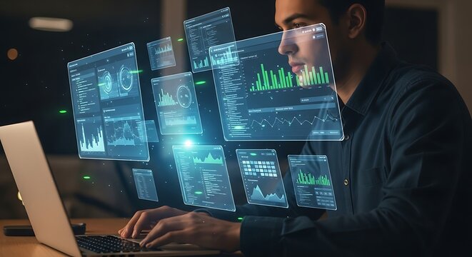 Data analyst working on laptop with digital interface