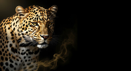 Obraz premium Portrait of a majestic leopard emerging from the deep shadows, its intense amber eyes fixed forward against a stark black background