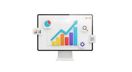 Computer monitor displaying a 3d financial growth chart with analytics and icons