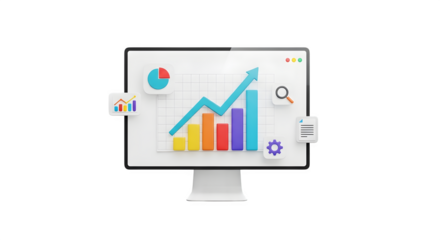 Computer monitor displaying a 3d financial growth chart with analytics and icons